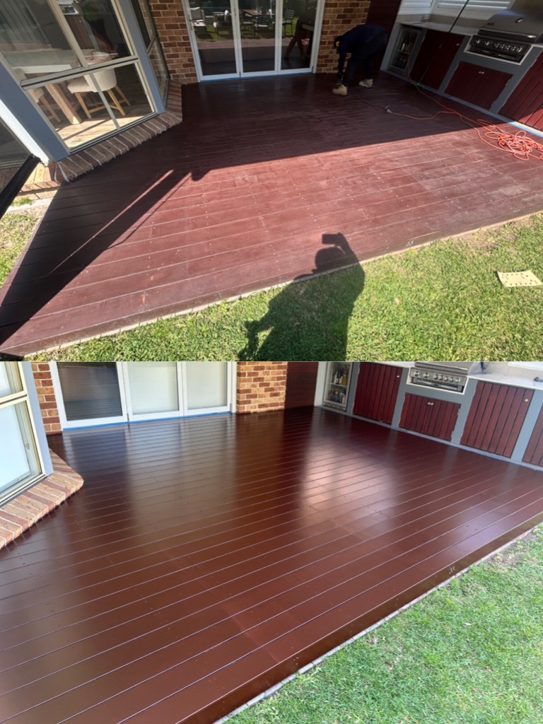 Outdoor timber deck before and after a rich brown protective coating