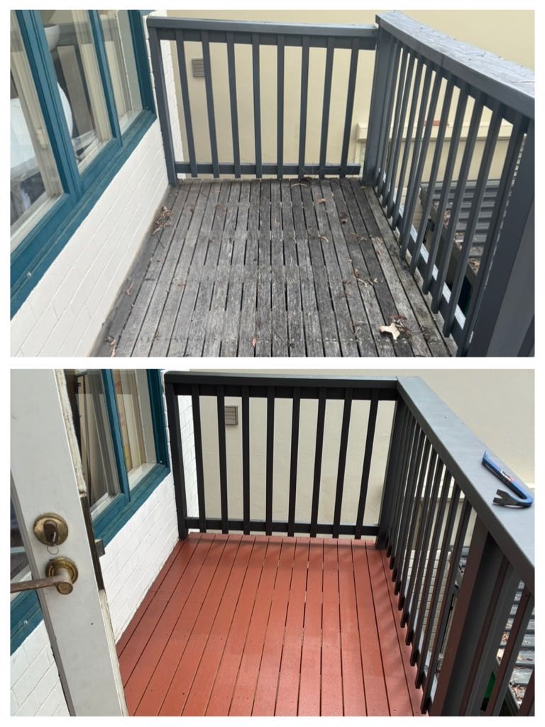 Weathered balcony boards before and after a terracotta-coloured coating