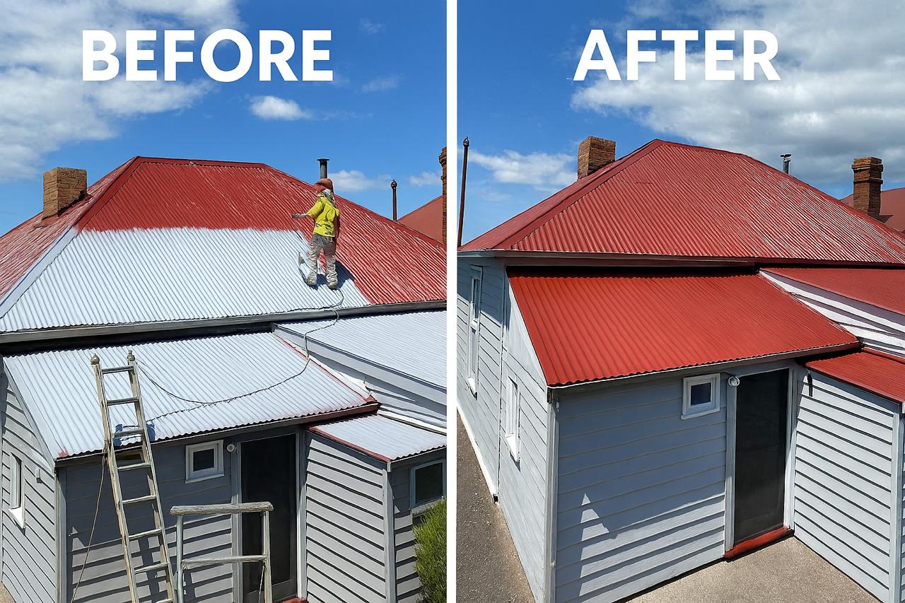 Corrugated metal roof before and after red roof painting