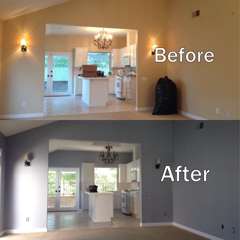 Our interior painting project before and after: beige walls transformed to grey with white trims