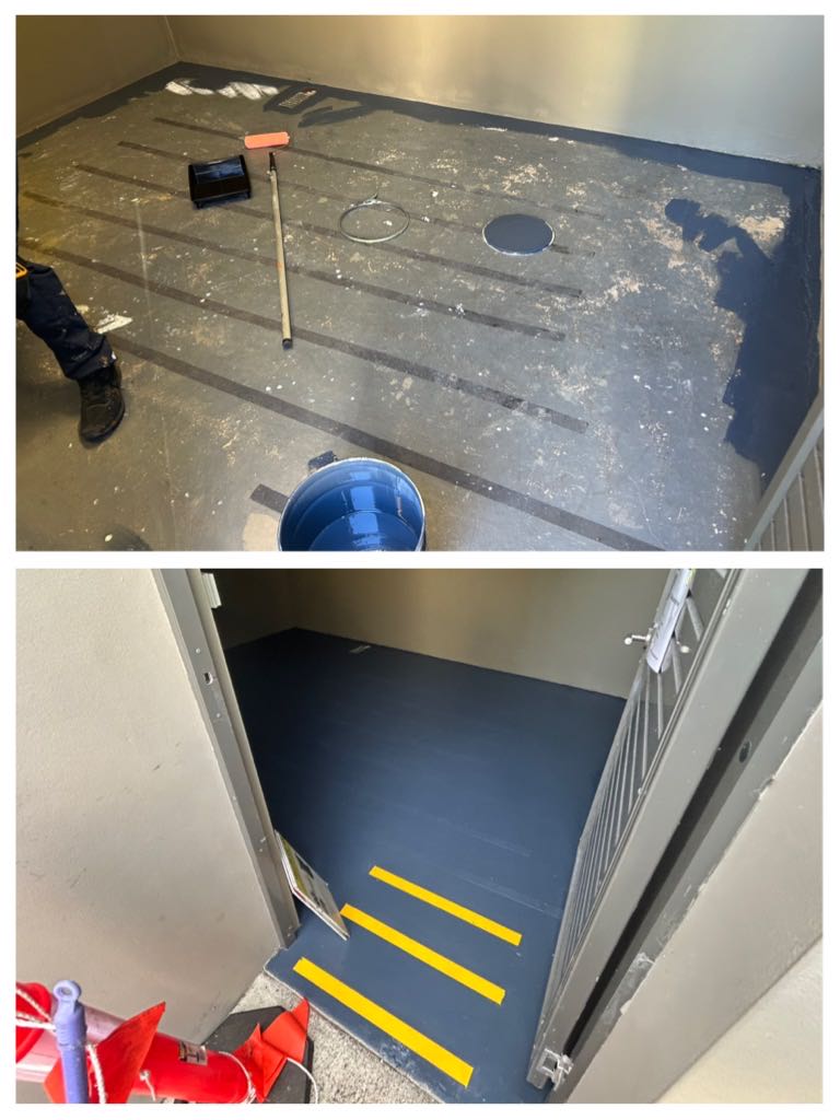 Worn concrete landing before and after grey floor painting with yellow step edges