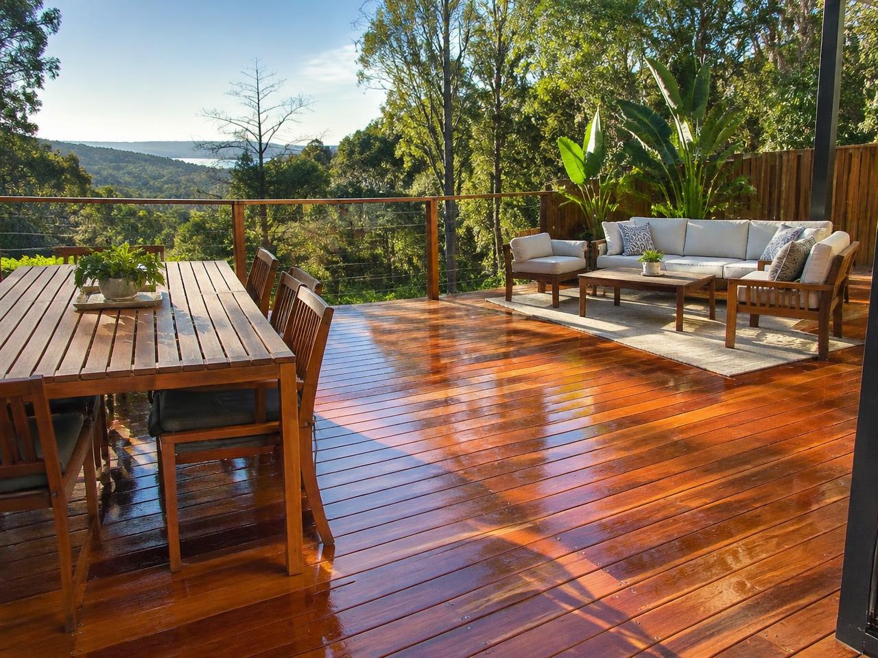 Rich timber decking in an outdoor entertaining area