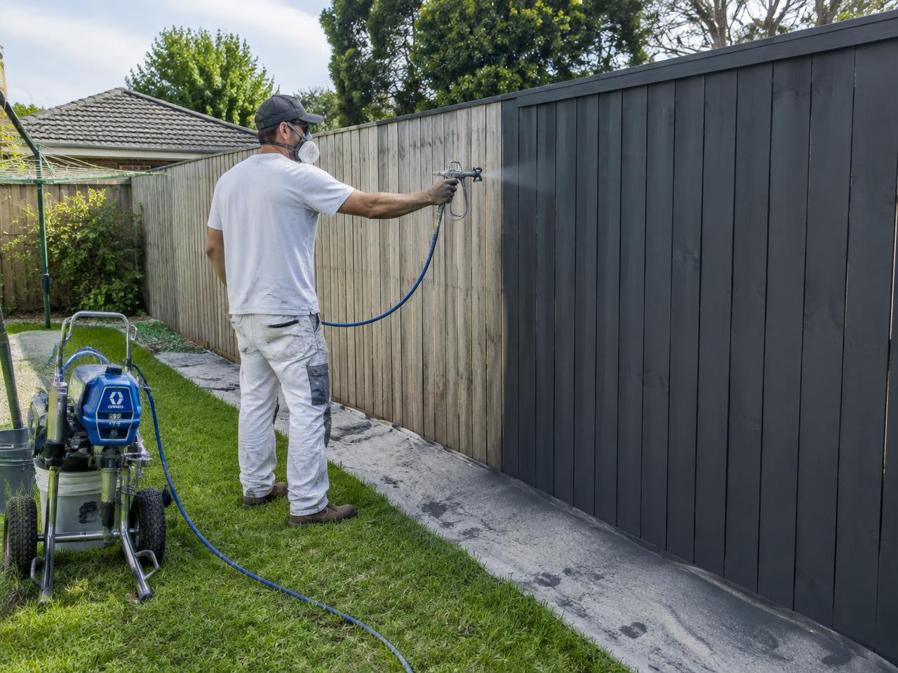 Painter spray painting a timber paling fence charcoal in a Sydney backyard
